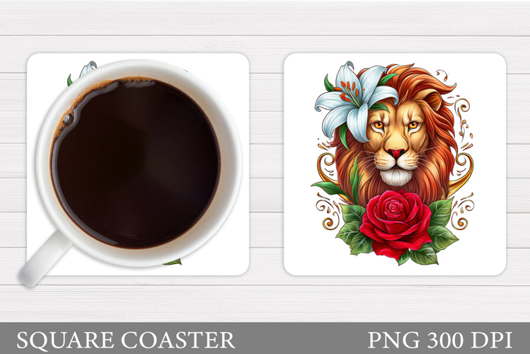 Lion Coaster Sublimation. Lion Flowers Coaster Design