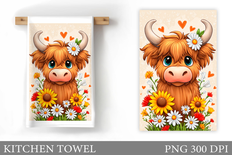 HighlandCow Kitchen Towel. Cow Flowers Kitchen Towel Design
