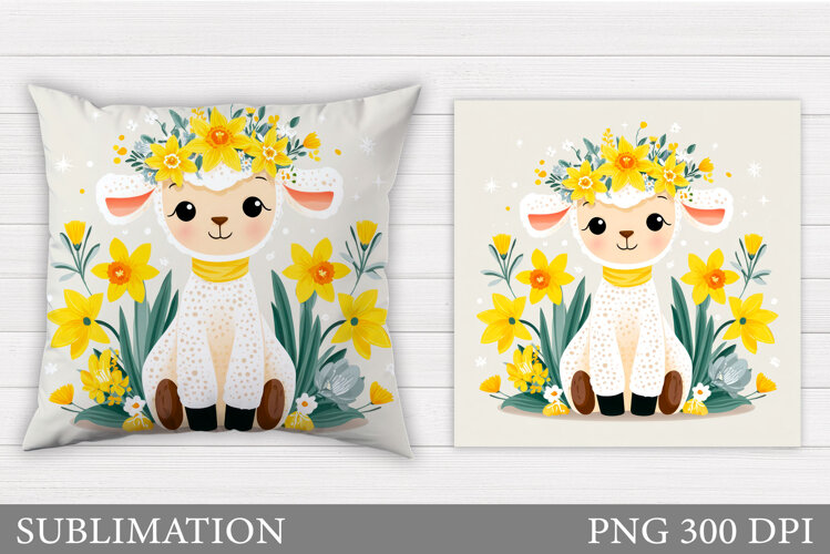 Cute Lamb Pillow Design. Lamb Flowers Pillow Sublimation example image 1