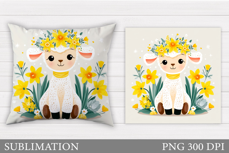 Cute Lamb Pillow Design. Lamb Flowers Pillow Sublimation