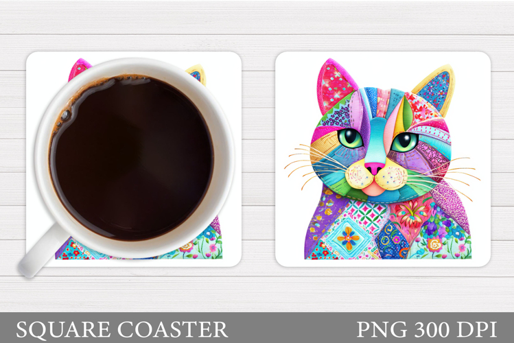 Patchwork Cat Coaster Design. Cute Cat Sublimation