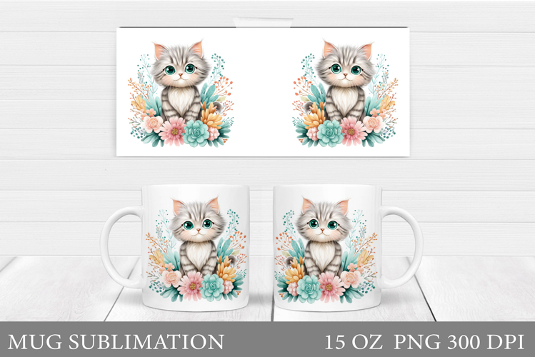 Cat Mug Wrap Design. Cat Flowers Mug Sublimation