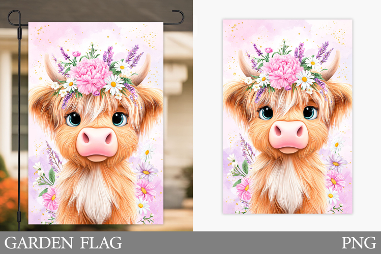 Highland Cow Garden Flag. Summer Cow Garden Flag Design