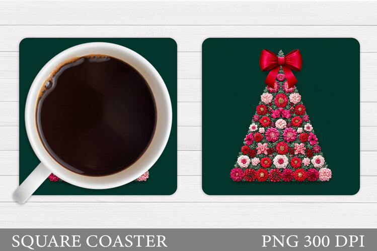 Floral Christmas Tree Coaster. Christmas Coaster Sublimation example image 1