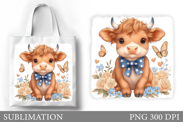 Highland Cow Tote Bag Design. Cow Flowers Sublimation