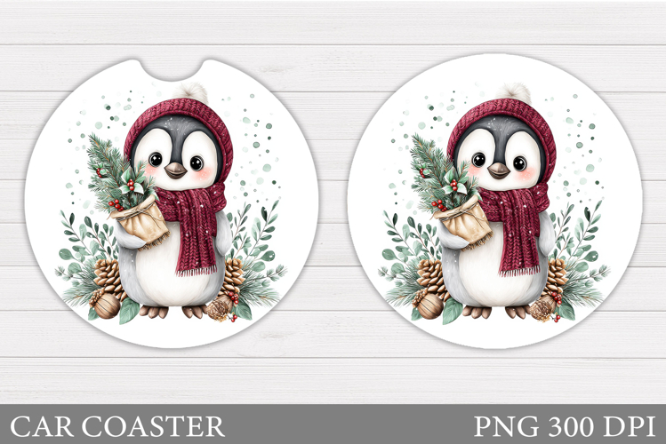 Cute Penguin Car Coaster. Christmas Car Coaster Sublimation