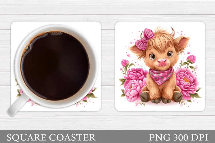 Highland Coaster Sublimation. Cow Flowers Coaster Design