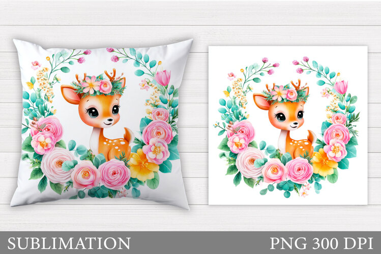 Cute Deer Pillow Sublimation. Deer Flowers Sublimation example image 1