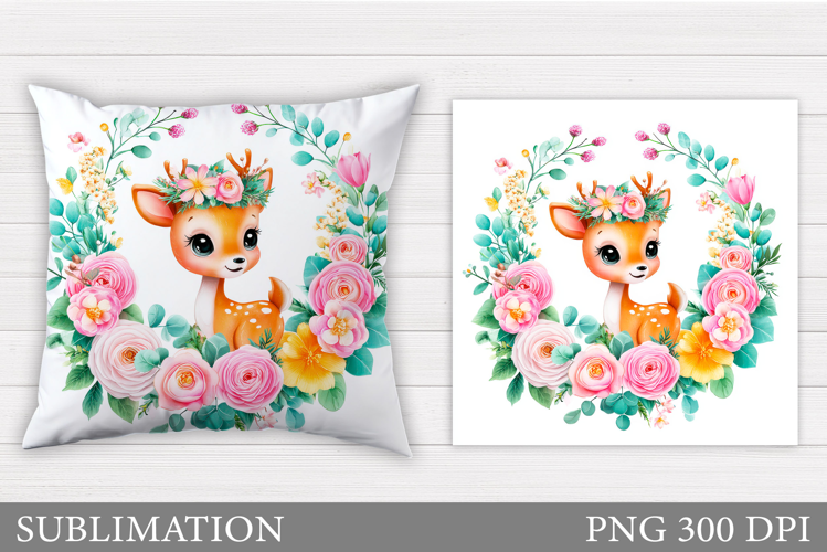 Cute Deer Pillow Sublimation. Deer Flowers Sublimation
