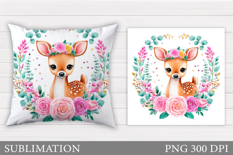 Cute Deer Pillow Sublimation. Deer Flowers Sublimation example image 1
