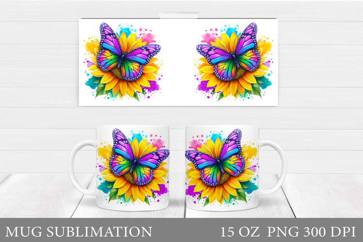 Butterfly Mug Wrap Design. Sunflower Mug Sublimation