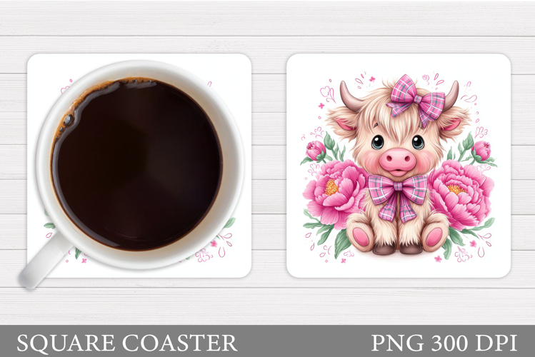Highland Coaster Sublimation. Cow Flowers Coaster Design