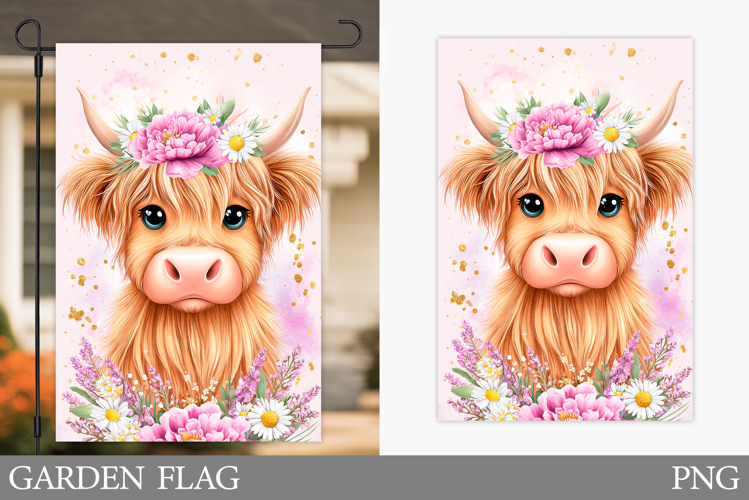 Highland Cow Garden Flag. Summer Cow Garden Flag Design