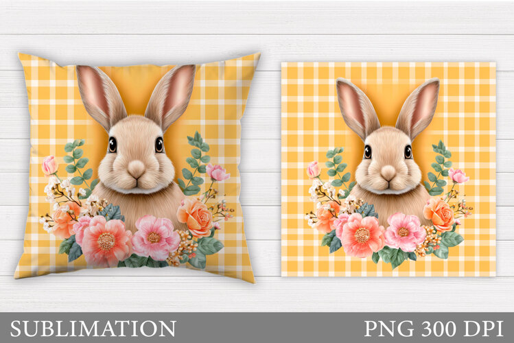 Cute Bunny Pillow Sublimation. Bunny Flowers Sublimation example image 1