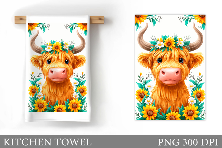 HighlandCow Kitchen Towel. Cow Flowers Kitchen Towel Design