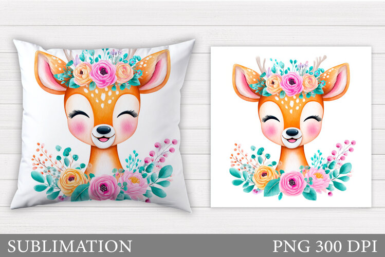 Cute Deer Pillow Sublimation. Deer Flowers Sublimation example image 1