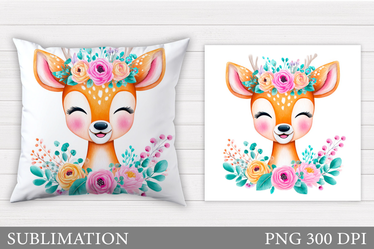 Cute Deer Pillow Sublimation. Deer Flowers Sublimation