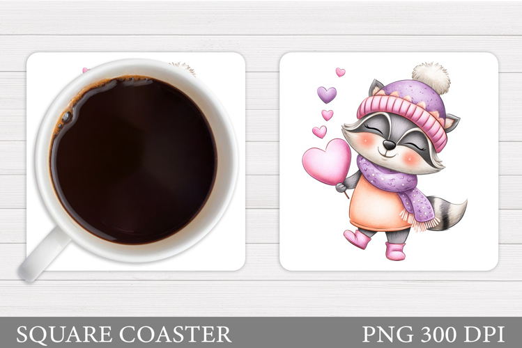 Valentines Raccoon Coaster. Cute Raccoon Coaster Design