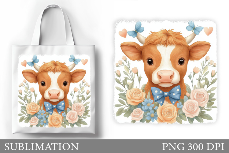 Highland Cow Tote Bag Design. Cow Flowers Sublimation