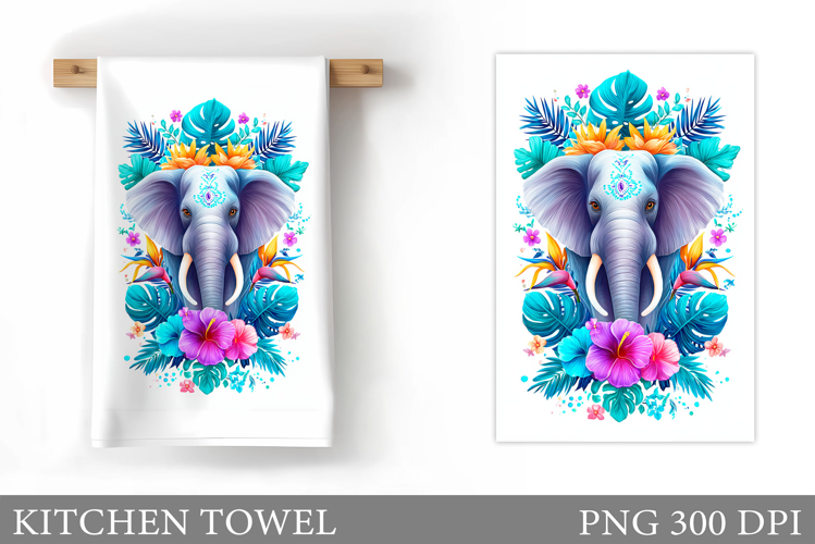 Elephant Kitchen Towel. Elephant Flowers Kitchen Towel