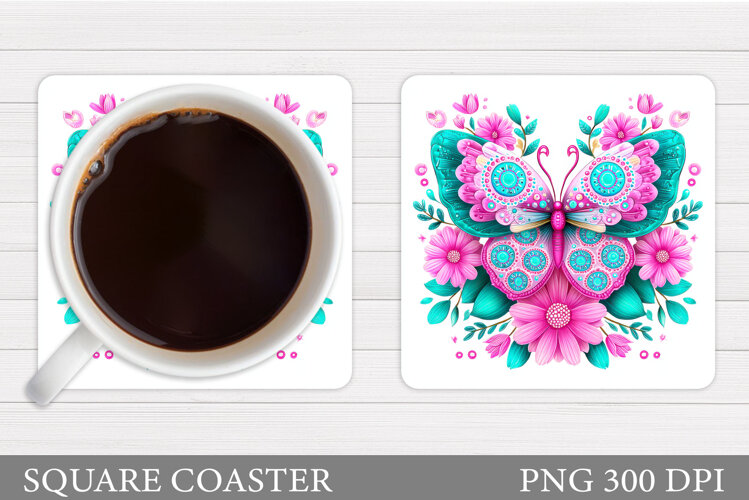 Butterfly Coaster Sublimation. Butterfly Flowers Coaster example image 1