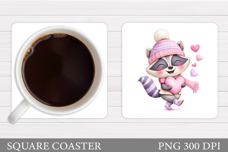 Valentines Raccoon Coaster. Cute Raccoon Coaster Design