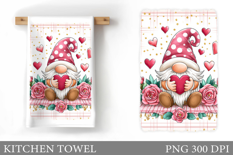 Valentine Gnome Kitchen Towel. Valentines Kitchen Towel