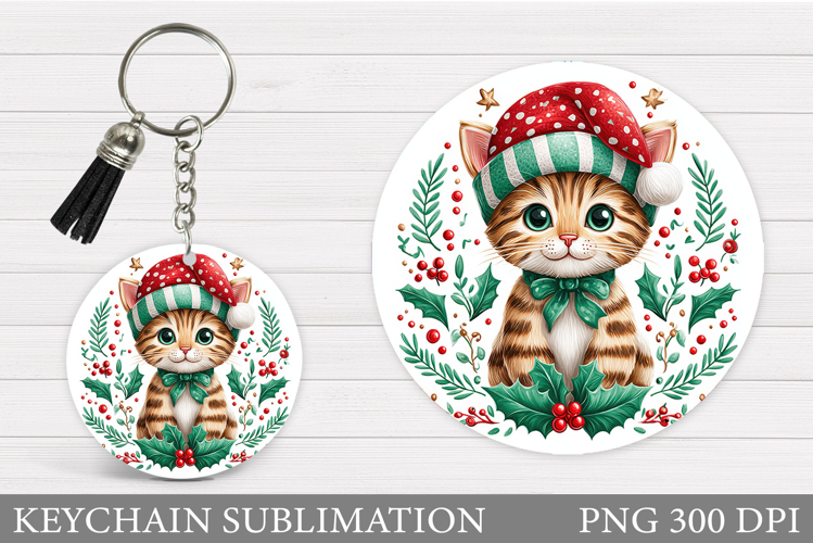 Christmas Cat Keychain. Christmas Keychain Sublimation