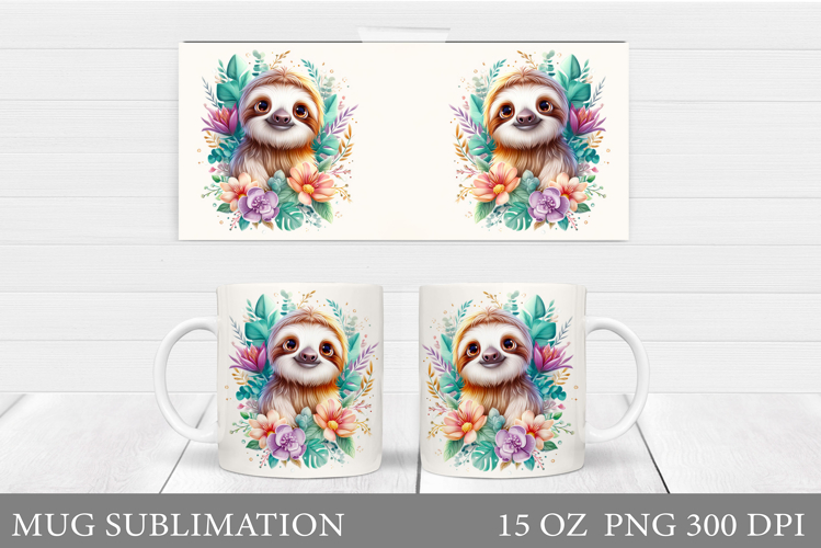 Cute Sloth Mug Design. Sloth Flowers Mug Sublimation