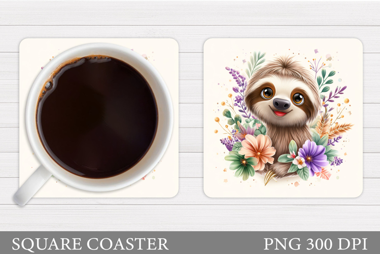 Cute Sloth Coaster. Sloth Flowers Coaster Sublimation