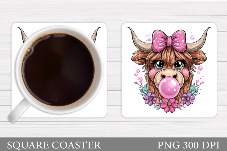 Highland Coaster Sublimation. Cow Flowers Coaster Design