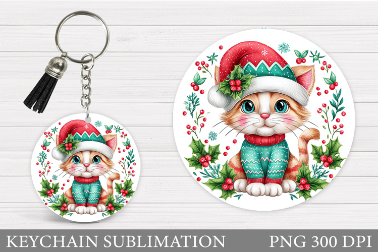 Christmas Cat Keychain. Christmas Keychain Sublimation