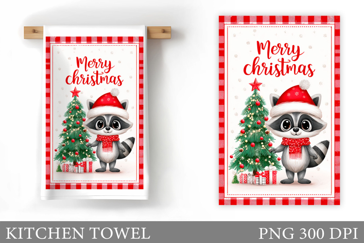 Christmas Raccoon Kitchen Towel. Christmas Kitchen Towel