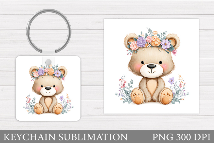Cute Bear Keychain Sublimation. Bear Flowers Keychain Design