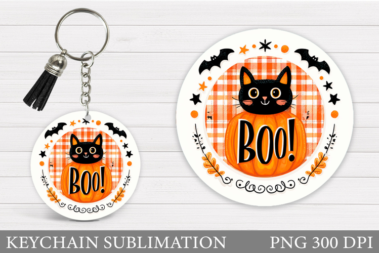 Black Cat Keychain Sublimation. Halloween Cat Keychain