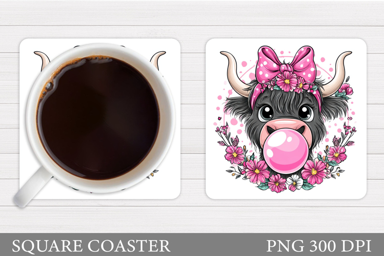 Highland Coaster Sublimation. Cow Flowers Coaster Design