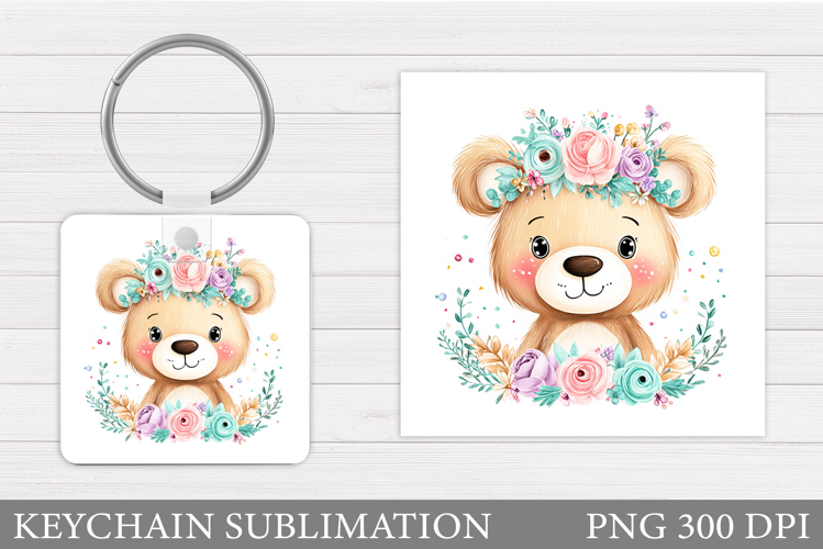 Cute Bear Keychain Sublimation. Bear Flowers Keychain Design