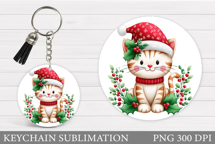 Christmas Cat Keychain. Christmas Keychain Sublimation