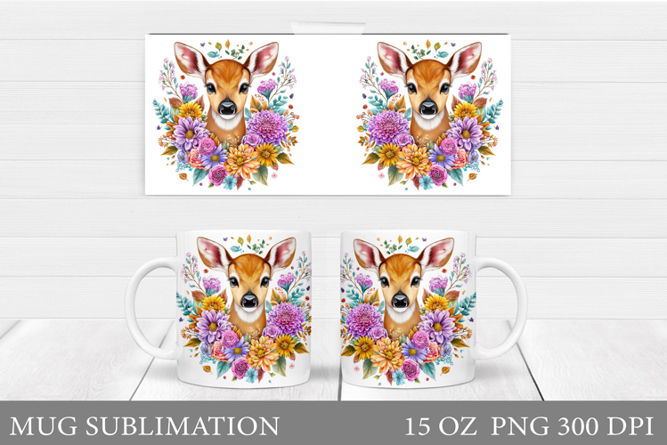Cute Deer Mug Sublimation. Deer Flowers Mug Design