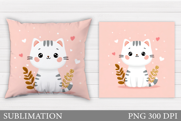 Cute Cat Pillow Sublimation. Cat Flowers Pillow Design