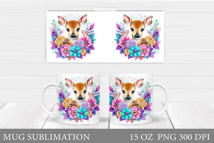 Cute Deer Mug Sublimation. Deer Flowers Mug Design