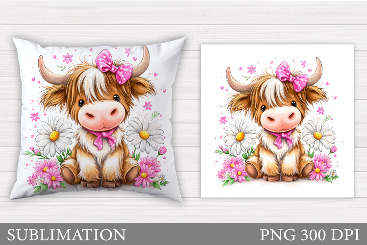 Highland Cow Pillow Design. Cow Flowers Pillow Sublimation