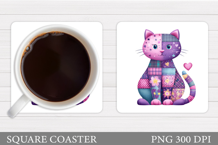 Patchwork Cat Coaster Design. Cute Cat Sublimation
