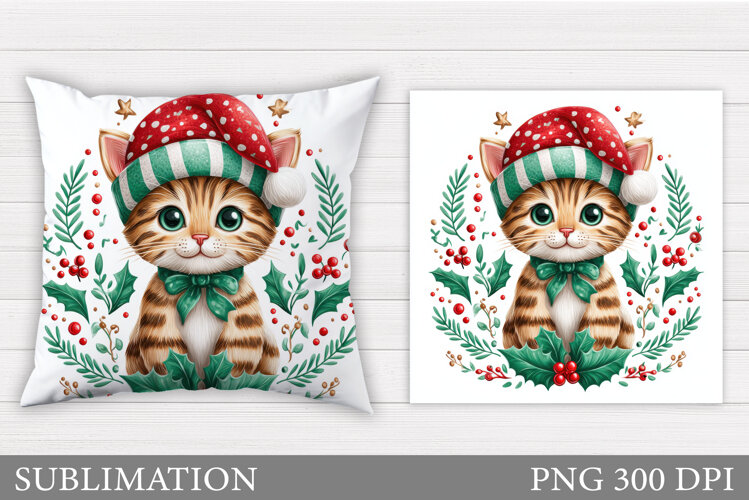Christmas Cat Pillow Design. Christmas Pillow Sublimation example image 1