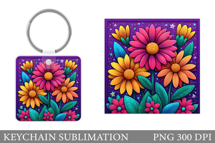 Flowers Square Keychain. Wildflowers Keychain Sublimation