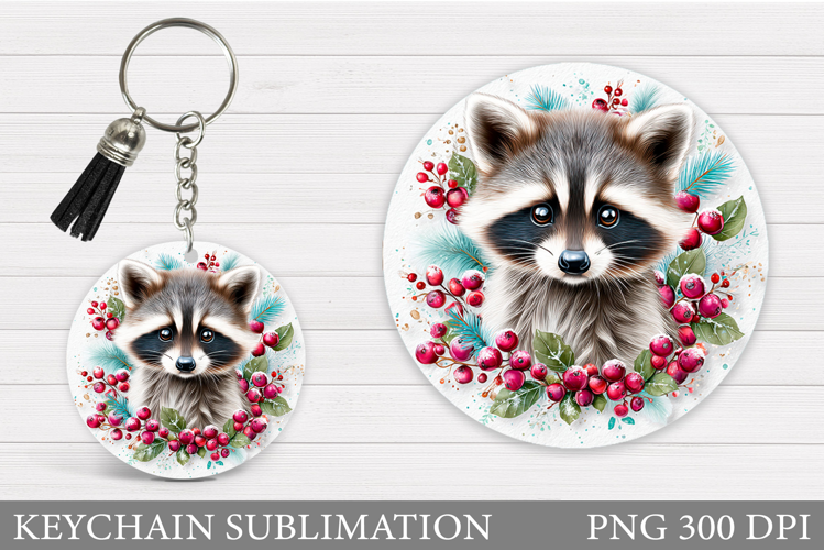 Christmas Raccoon Keychain. Christmas Keychain Sublimation