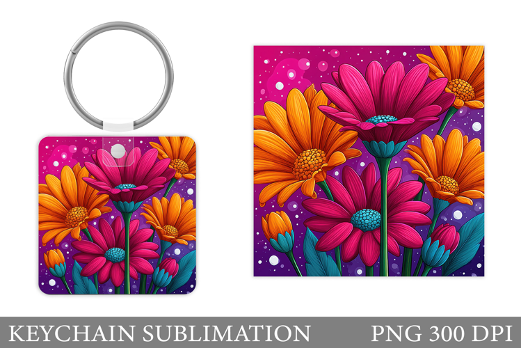 Flowers Square Keychain. Wildflowers Keychain Sublimation