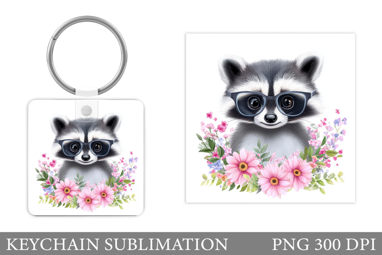 Cute Raccoon Keychain Design. Raccoon Flowers Keychain