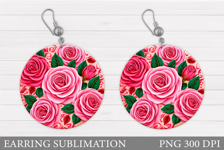 Roses Earring Sublimation. Flowers Round Earring Design