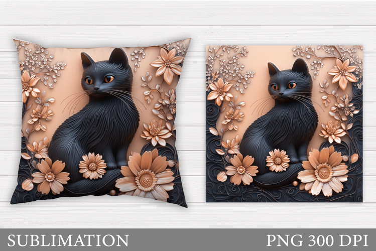 Black Cat Pillow Sublimation. Cat Flowers Pillow Design
